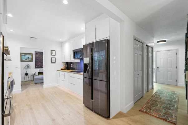 Interior, Kitchen, Recessed Lighting, Stainless Steel Appliances, Wood Texture Flooring