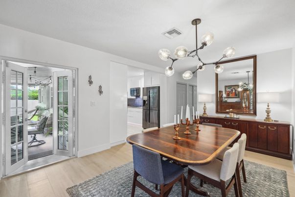 Dining room, Interior, Pendant Lights, Wood Texture Flooring