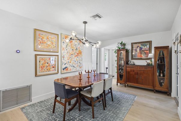 Dining room, Interior, Pendant Lights, Wood Texture Flooring
