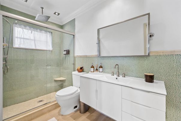 Bathroom, Glass Shower, Interior, Recessed Lighting, Wood Texture Flooring