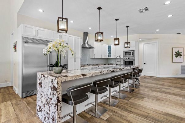 Interior, Kitchen, Pendant Lights, Recessed Lighting, Stainless Steel Appliances, Wood Texture Flooring