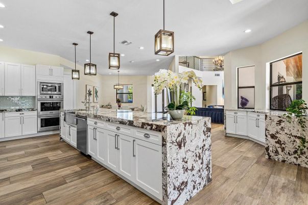 Chandelier, Interior, Kitchen, Pendant Lights, Recessed Lighting, Stainless Steel Appliances, Wood Texture Flooring