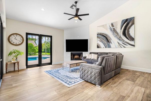 Fireplace, Interior, Living room, Recessed Lighting, Wood Texture Flooring