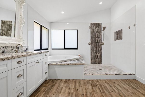 Bathroom, Dual Sink Vanities, Interior, Recessed Lighting, Wood Texture Flooring