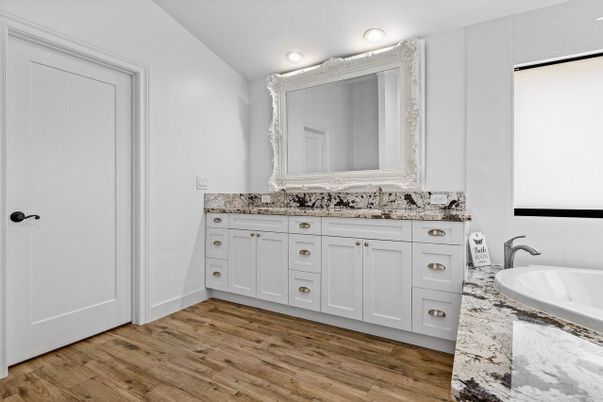 Bathroom, Dual Sink Vanities, Interior, Recessed Lighting, Wood Texture Flooring
