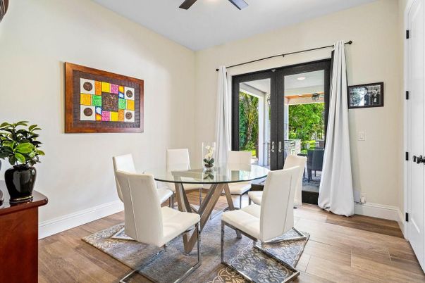 Dining room, Interior, Recessed Lighting, Wood Texture Flooring