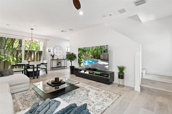 Dining room, Interior, Living room, Pendant Lights, Recessed Lighting, Wood Texture Flooring