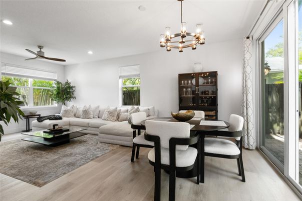 Chandelier, Dining room, Interior, Living room, Recessed Lighting, Wood Texture Flooring