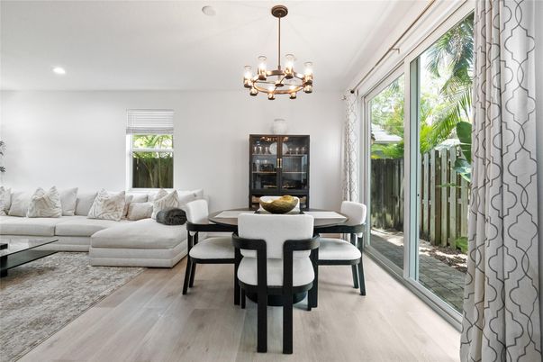 Chandelier, Dining room, Interior, Living room, Pendant Lights, Recessed Lighting, Wood Texture Flooring