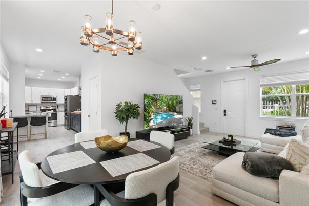 Chandelier, Dining room, Interior, Kitchen, Living room, Pendant Lights, Recessed Lighting, Stainless Steel Appliances, Wood Texture Flooring