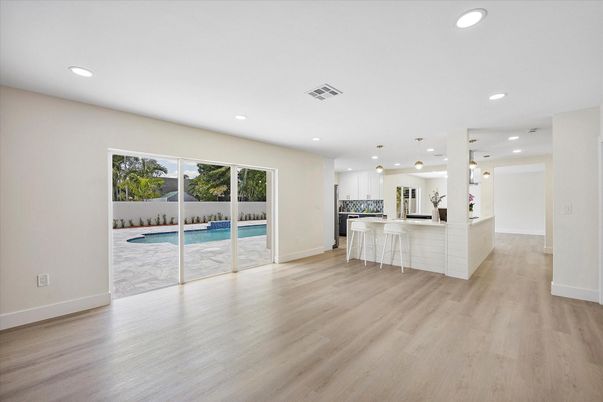 Empty room, Interior, Kitchen, Pendant Lights, Recessed Lighting, Wood Texture Flooring