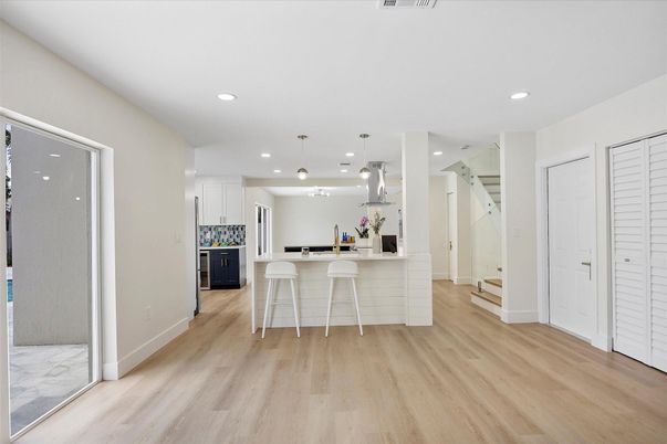 Interior, Kitchen, Pendant Lights, Recessed Lighting, Wood Texture Flooring