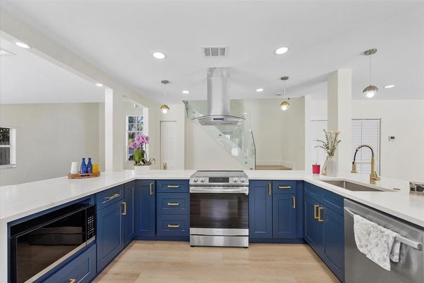 Interior, Kitchen, Pendant Lights, Recessed Lighting, Stainless Steel Appliances, Wood Texture Flooring