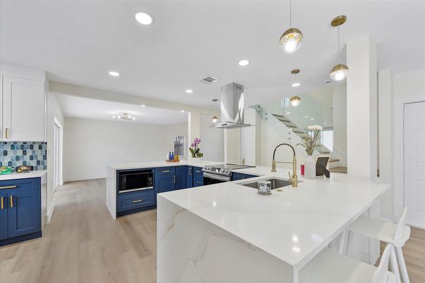 Interior, Kitchen, Pendant Lights, Recessed Lighting, Wood Texture Flooring