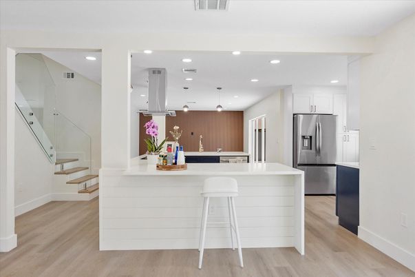 Interior, Kitchen, Pendant Lights, Recessed Lighting, Stainless Steel Appliances, Wood Texture Flooring