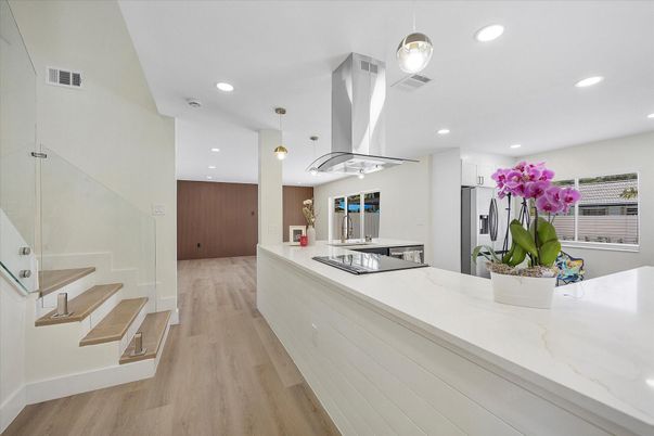 Interior, Kitchen, Pendant Lights, Recessed Lighting, Wood Texture Flooring