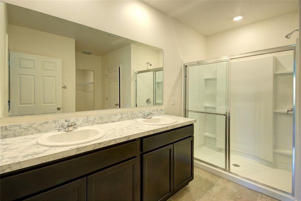 Bathroom, Dual Sink Vanities, Glass Shower, Interior, Recessed Lighting