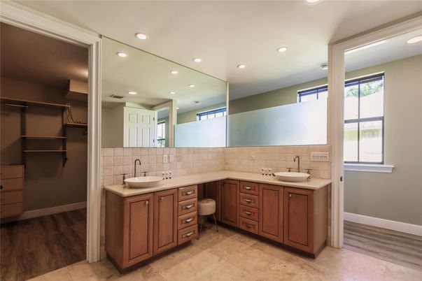 Bathroom, Dual Sink Vanities, Interior, Recessed Lighting, Wood Texture Flooring