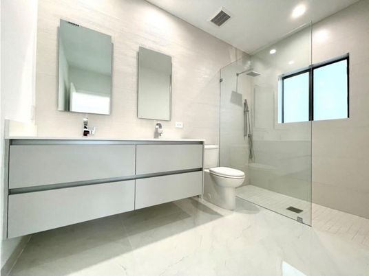 Bathroom, Glass Shower, Interior, Marble, Recessed Lighting