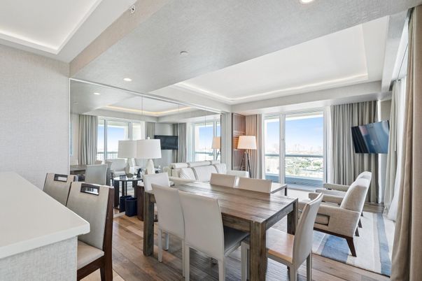 Dining room, Interior, Living room, Pendant Lights, Recessed Lighting, Wood Texture Flooring