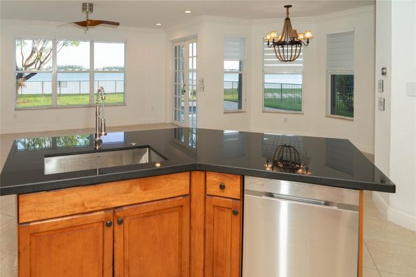 Chandelier, Interior, Kitchen, Recessed Lighting, Stainless Steel Appliances, Water