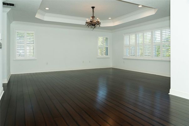 Chandelier, Empty room, Interior, Recessed Lighting, Wood Texture Flooring