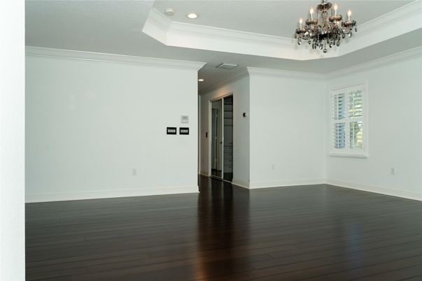 Chandelier, Empty room, Interior, Recessed Lighting, Wood Texture Flooring