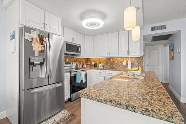 Interior, Kitchen, Pendant Lights, Stainless Steel Appliances, Wood Texture Flooring