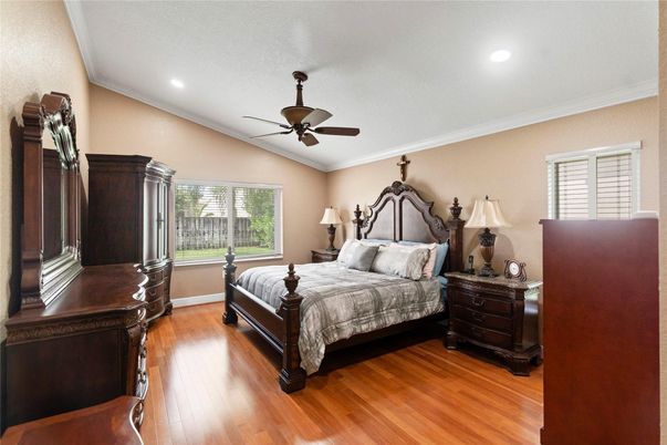 Bedroom, Interior, Recessed Lighting, Wood Texture Flooring