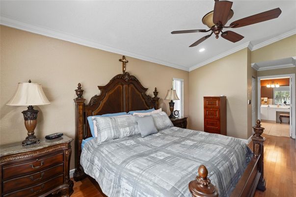 Bedroom, Interior, Recessed Lighting, Wood Texture Flooring