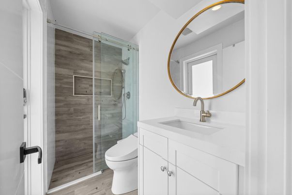 Bathroom, Glass Shower, Interior, Wood Texture Flooring