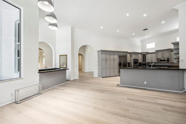 Interior, Kitchen, Recessed Lighting, Stainless Steel Appliances, Wood Texture Flooring