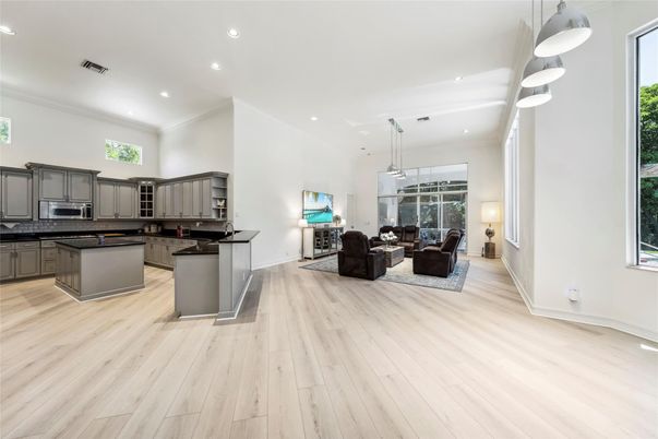 Interior, Kitchen, Living room, Pendant Lights, Recessed Lighting, Wood Texture Flooring