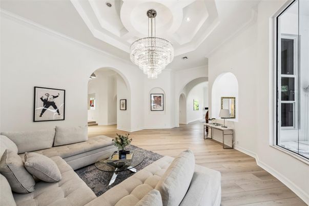 Chandelier, Interior, Living room, Recessed Lighting, Wood Texture Flooring