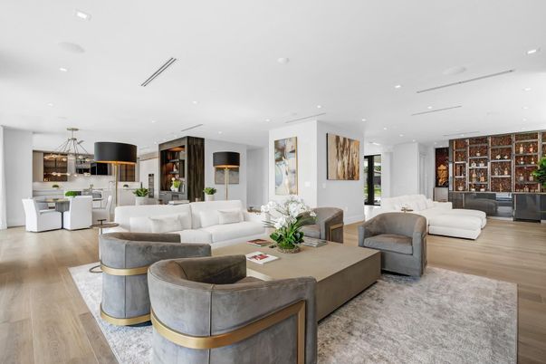 Dining room, Interior, Living room, Pendant Lights, Recessed Lighting, Wood Texture Flooring