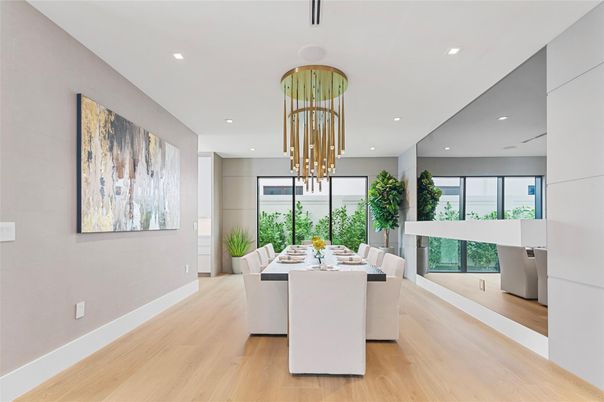 Dining room, Interior, Pendant Lights, Recessed Lighting, Wood Texture Flooring