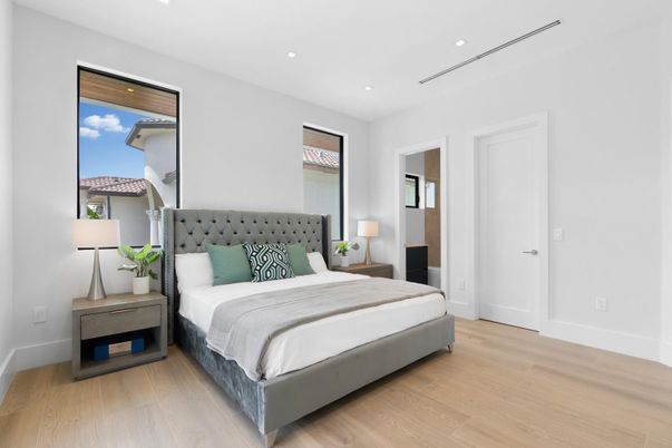 Bedroom, Interior, Recessed Lighting, Wood Texture Flooring