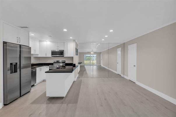 Interior, Kitchen, Recessed Lighting, Stainless Steel Appliances, Wood Texture Flooring