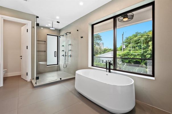 Bathroom, Free Standing Baths, Glass Shower, Interior, Recessed Lighting