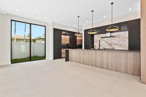Interior, Kitchen, Marble Walls, Pendant Lights, Recessed Lighting