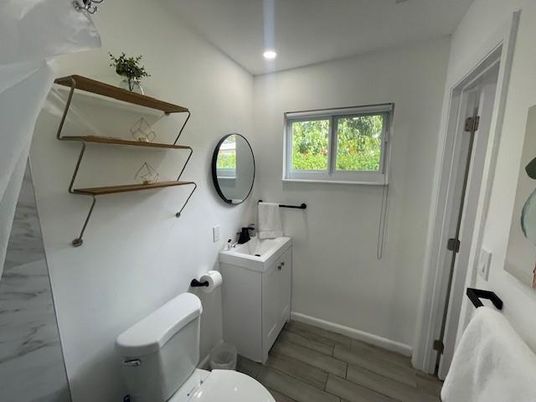 Bathroom, Interior, Recessed Lighting, Wood Texture Flooring