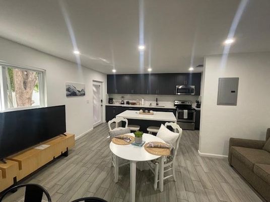 Interior, Kitchen, Recessed Lighting, Stainless Steel Appliances, Wood Texture Flooring