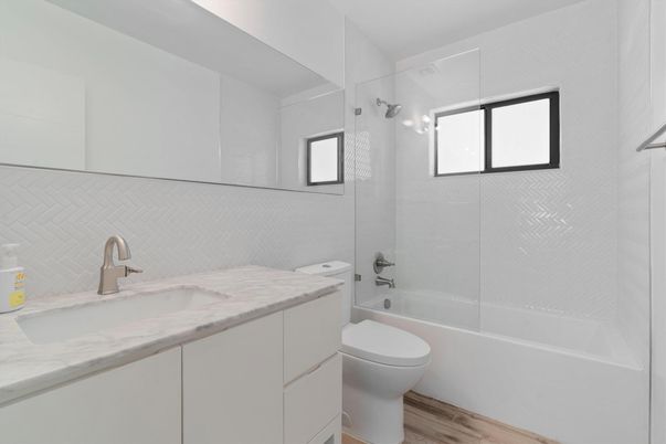 Bathroom, Glass Shower, Interior, Wood Texture Flooring