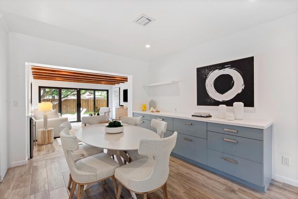 Dining room, Interior, Recessed Lighting, Wood Texture Flooring