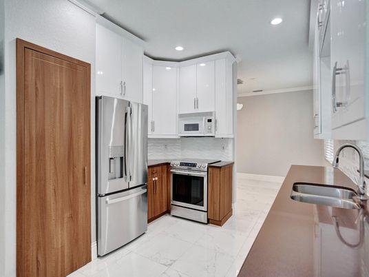 Interior, Kitchen, Marble, Recessed Lighting, Stainless Steel Appliances