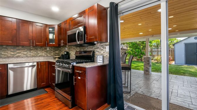 Interior, Kitchen, Recessed Lighting, Stainless Steel Appliances, Wood Texture Flooring
