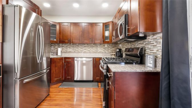 Interior, Kitchen, Recessed Lighting, Stainless Steel Appliances, Wood Texture Flooring
