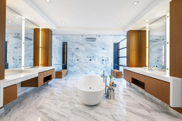 Bathroom, Dual Sink Vanities, Free Standing Baths, Glass Shower, Interior, Marble, Marble Walls, Recessed Lighting