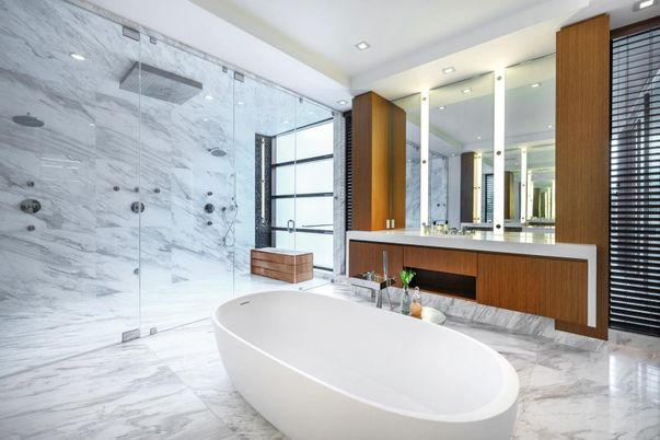 Bathroom, Dual Sink Vanities, Free Standing Baths, Glass Shower, Interior, Marble, Marble Walls, Recessed Lighting