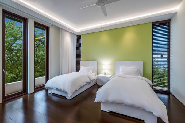 Bedroom, Interior, Recessed Lighting, Wood Texture Flooring